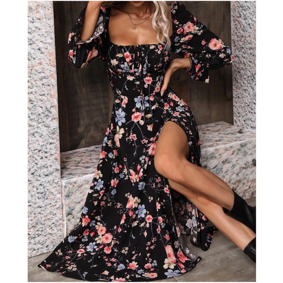 Boho Floral Print Ruffle Sleeve Maxi Dress - Picture 2 of 8